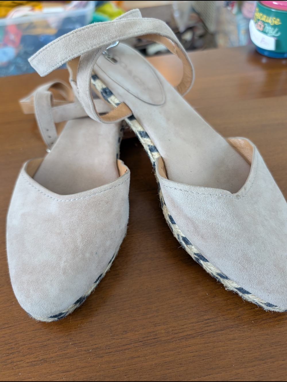 Women's Coach Beige Suede Ankle-Strap Espadrille Flats